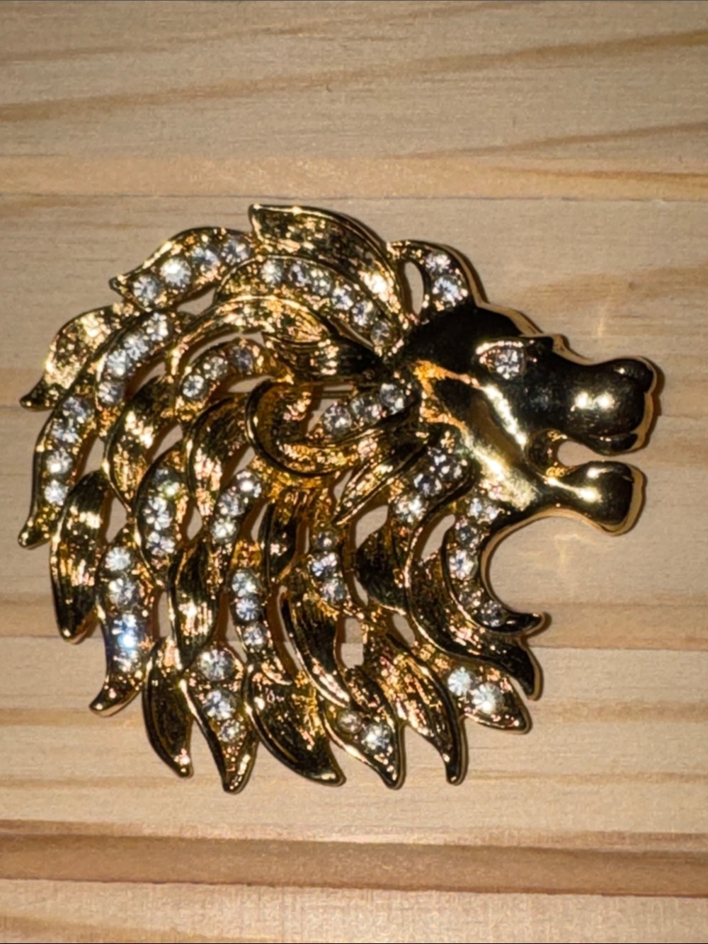 Gold Lion Head Brooch with Crystal Accents